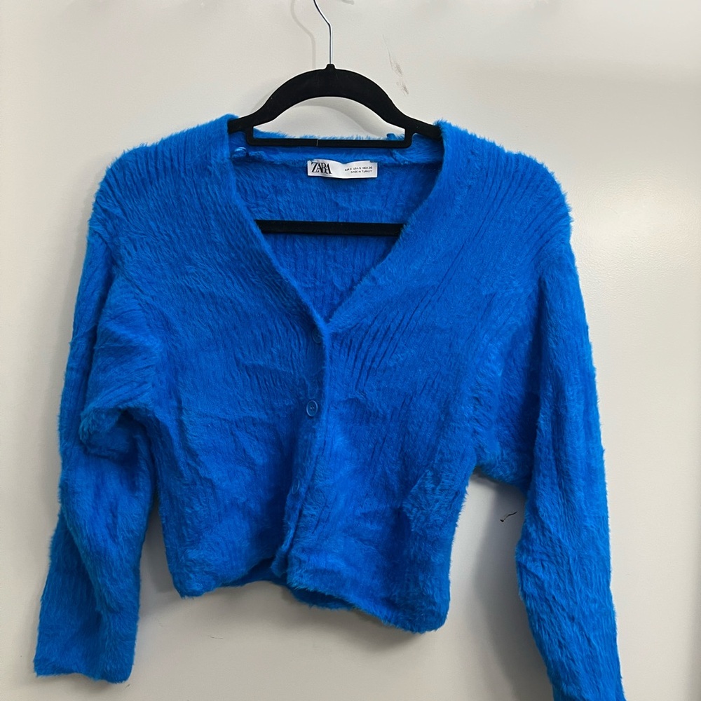 Zara Women's Cobalt Blue Fuzzy Crop Sweater